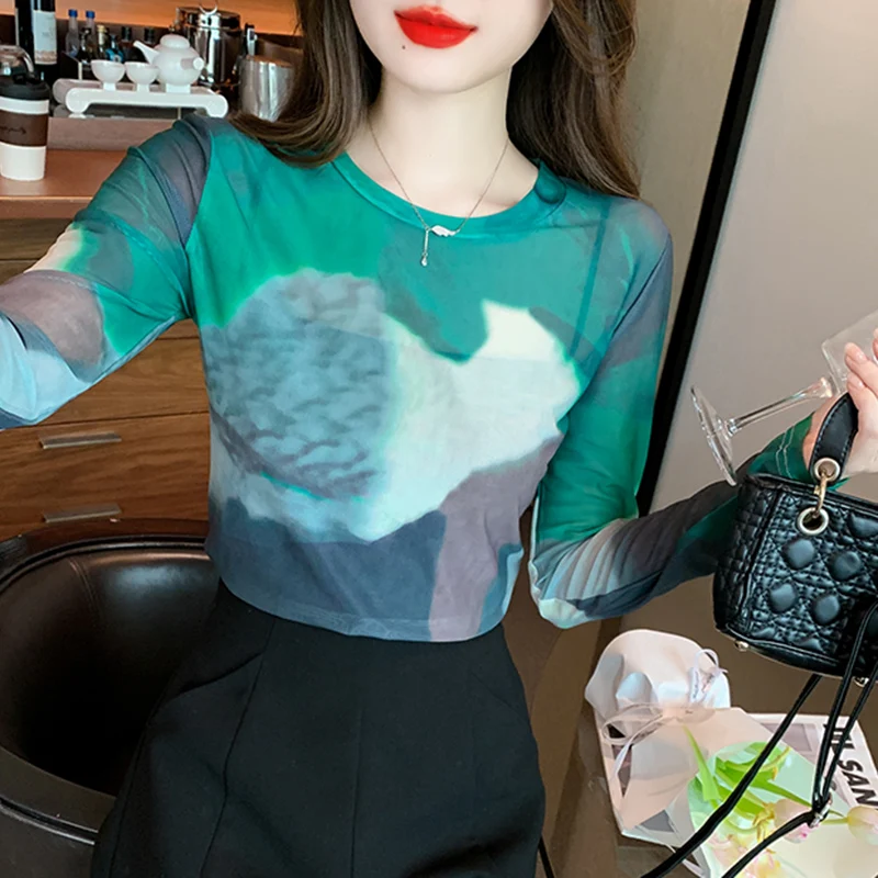 

Mesh Tops Gradient Print T-shirt Girl Irregular Tie Dye Chic T Shirt Korean Fashion Streetwear Tees For Women