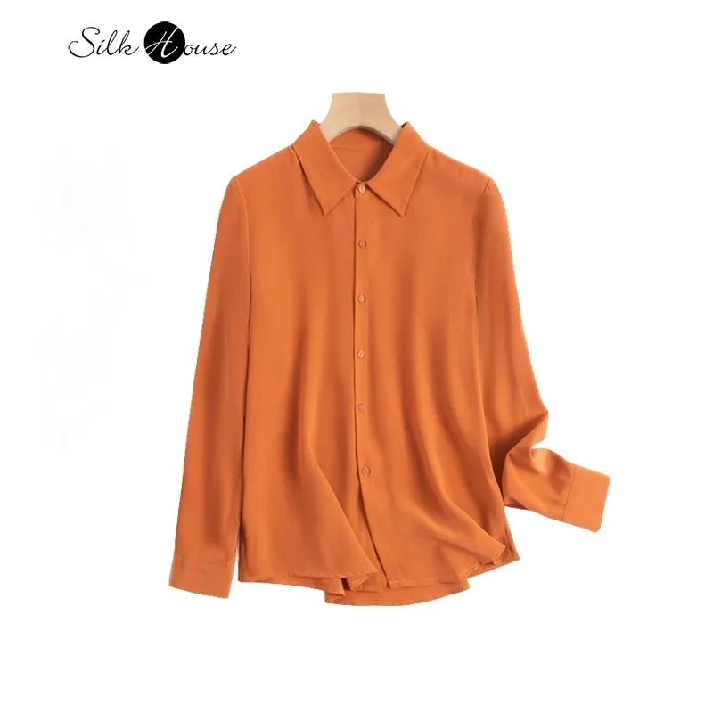 

100%Natural Mulberry Silk 04Crepe De Chine Turn-down Collar Orange OL Style Versatile Commuting Long Sleeved Women's Shirt