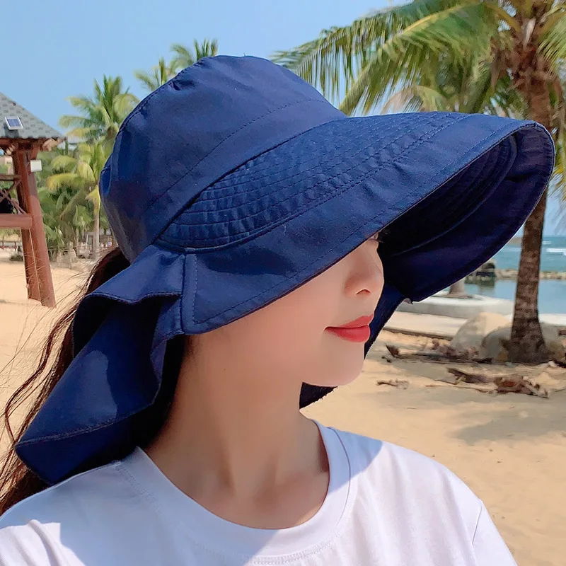 Women Hats Small Head Circumference Hidden Ponytail Cap Big Brim Hat  Anti-UV Sun Hat with Neck Flap Beach Sombreros Mujer Verano