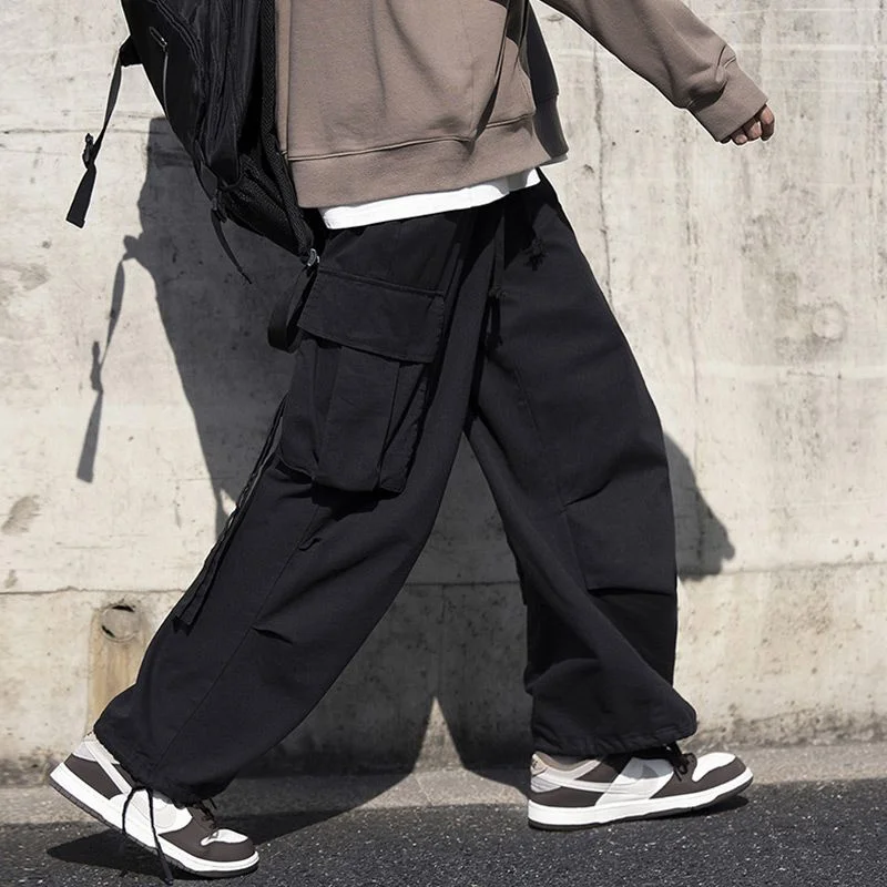 Korean Version Vintage High Street Casual Work Pants Men\'s Students Solid Elastic Waist Pockets Loose Wide Leg Straight Trousers