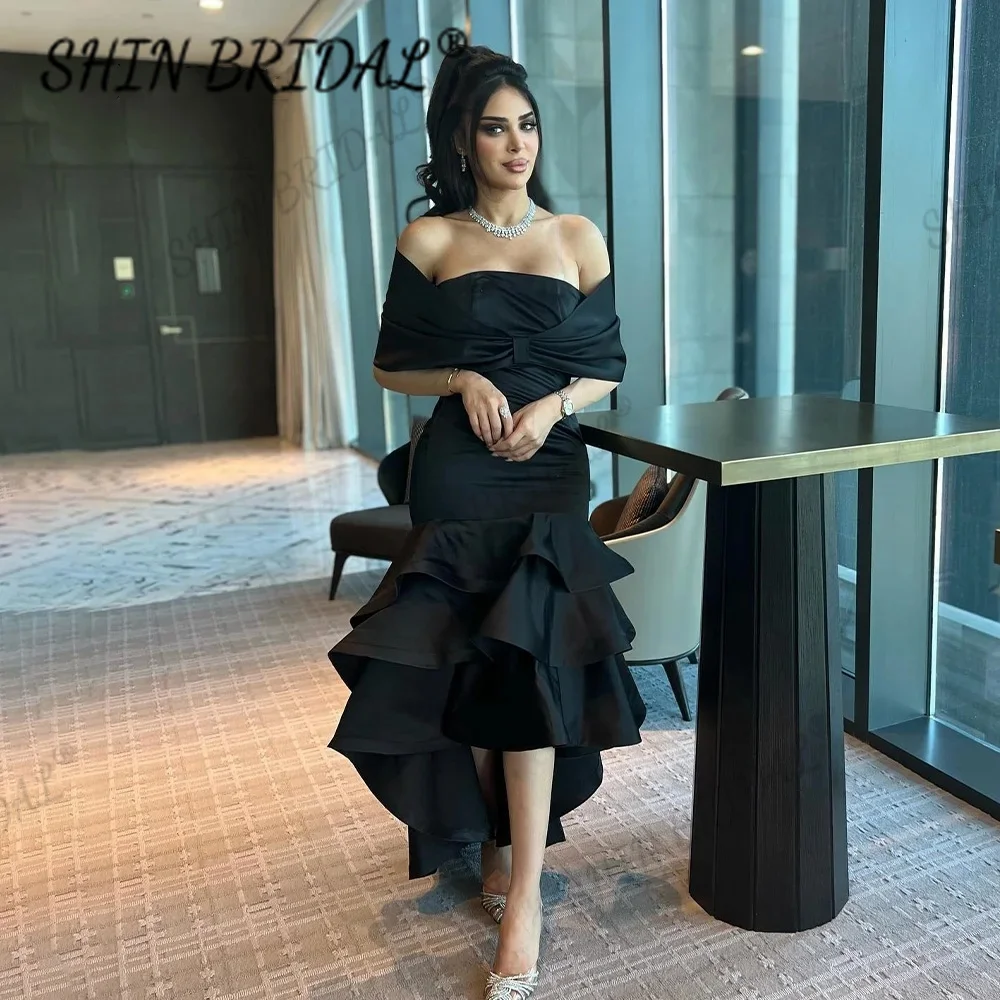 

2024 Black Mermaid Saudi Arabic Evening Prom Dresses Off Shoulder Tiered Satin Long Prom Party Gown Elegant Dubai Formal Dresses