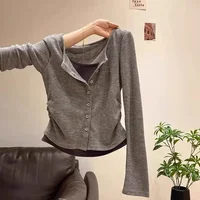 Plus Size Color Block Long Sleeve Women's T-shirt Autumn Winter New Design Pleated Slim Fit Base Shirt Korean Style Top