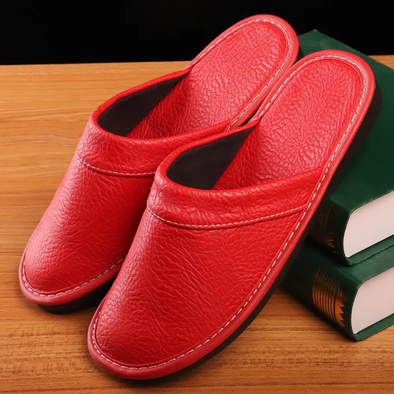 Home Leather Slipper for Men Four Season Indoor Flat Waterproof Shoes Slides Lovers Shoes Concise Couples Soft Leather Slippers