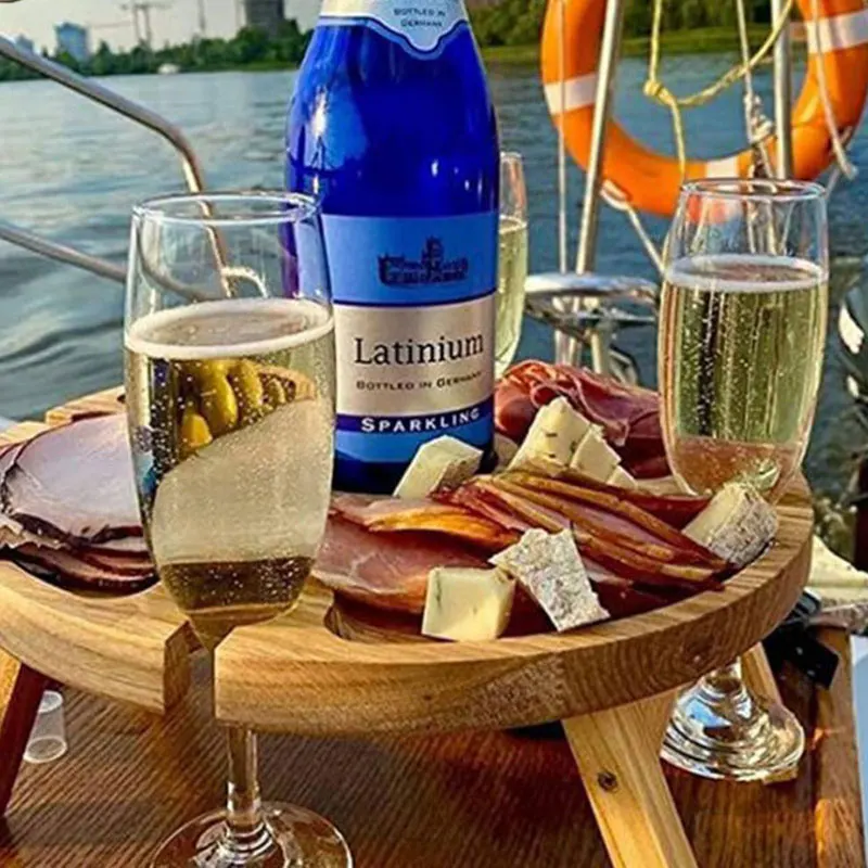 Wooden Outdoor Folding Picnic Table With Glass Holder Round Foldable Desk Wine Glass Rack Collapsible Table for Garden Party