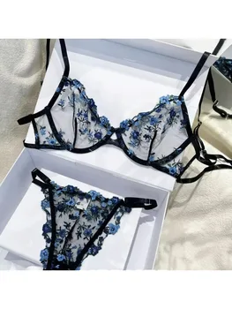 YUQI – ensemble de Lingerie française élégante, soutien-gorge et slip semi-transparent avec broderie florale, sous-vêtements sensuels noirs pour femmes, intimes de luxe