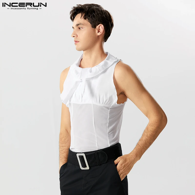 INCERUN 남성용 탱크 탑, 플리츠 메쉬 패치워크, 터틀넥 민소매 패션 조끼, 스트리트웨어 2023, 시스루 섹시한 남성 의류