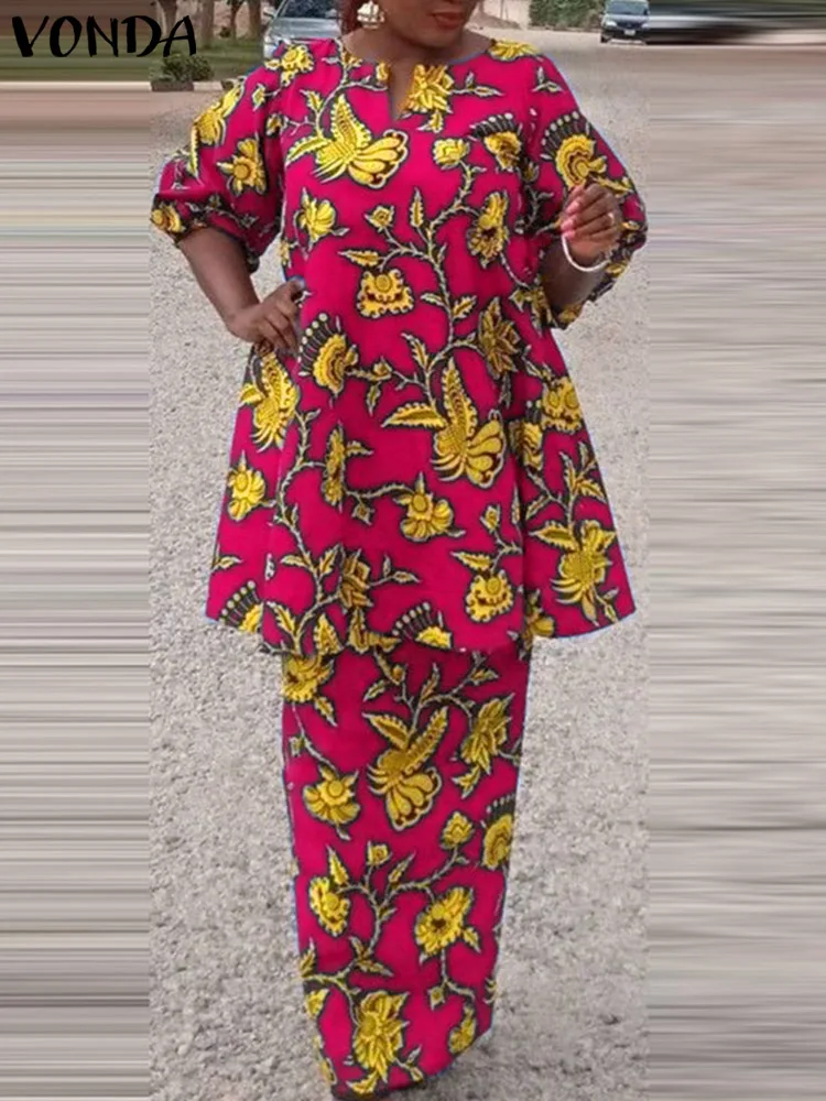 

Oversized Floral Printed 2pcs VONDA Bohemian Dress Sets 2024 Fashion Long Puff Sleeve Vintage V-Neck Casual Tops and Maxi Skirts
