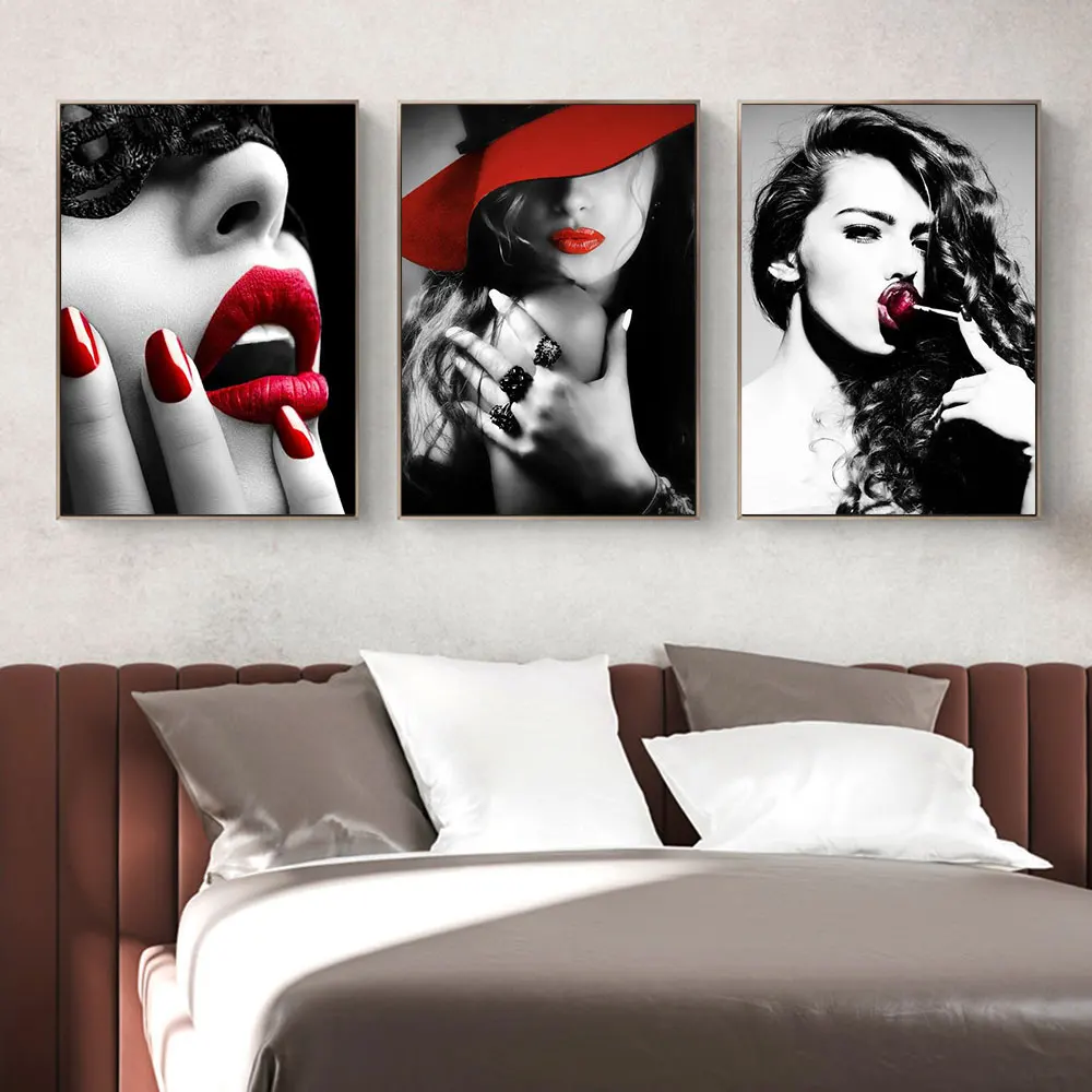 

Modern Gray Art Sexy Red Lips Woman Home Living Room Bedroom Wall Decor Fashion Girls Posters And Prints Printed Canvas Artwork