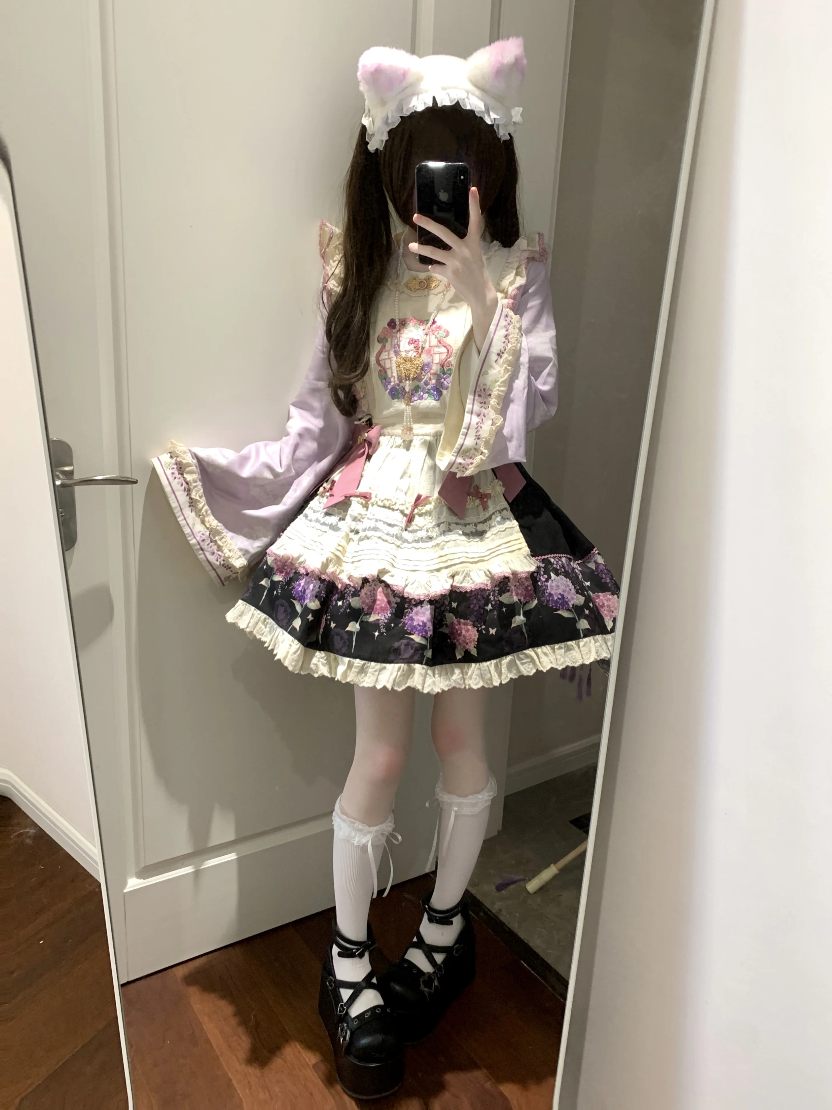 

Harajuku Han Element Short And Long Chinese Style Three Piece Dress With Wisteria Flowers Lolita Dress Tea Party Princess