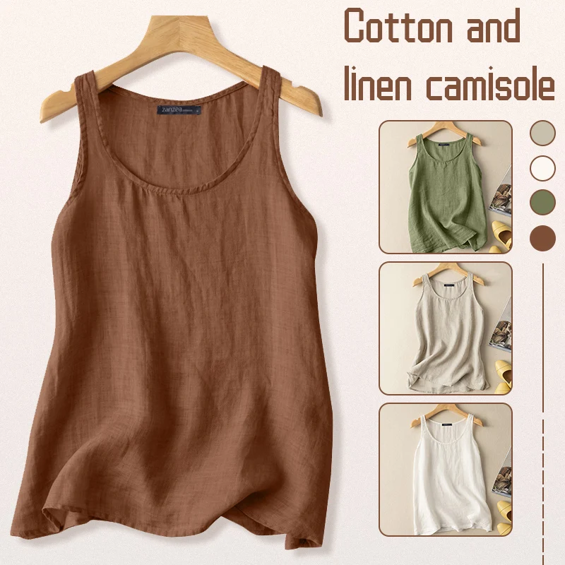 

Women Summer Solid Tank Vest Shirt Cotton Linen Sleeveless Tunic O-Neck Tops Casual Flowy Blouse Tee