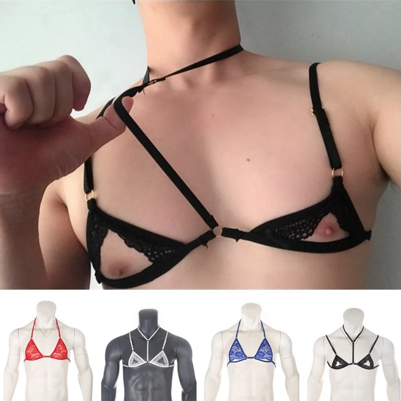 

Sexy Mens Sheer Lace Lingerie Exotic Open Bras Gay Sissy Nightwear Halter Neck Adjustable Straps Wire-free Unlined Mini Bra Top