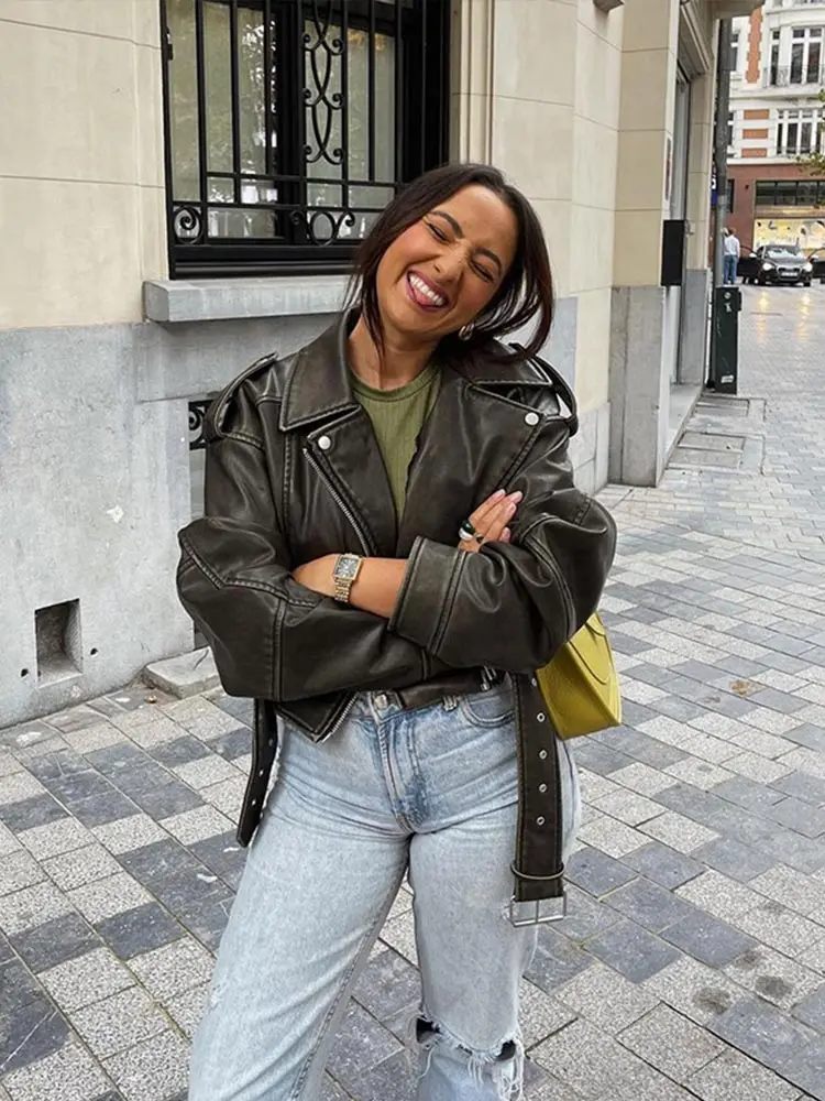 

Washed gradient leather jacket Women Vintage turn down collar belt zipper short Coat Autumn Female casual chic clothes