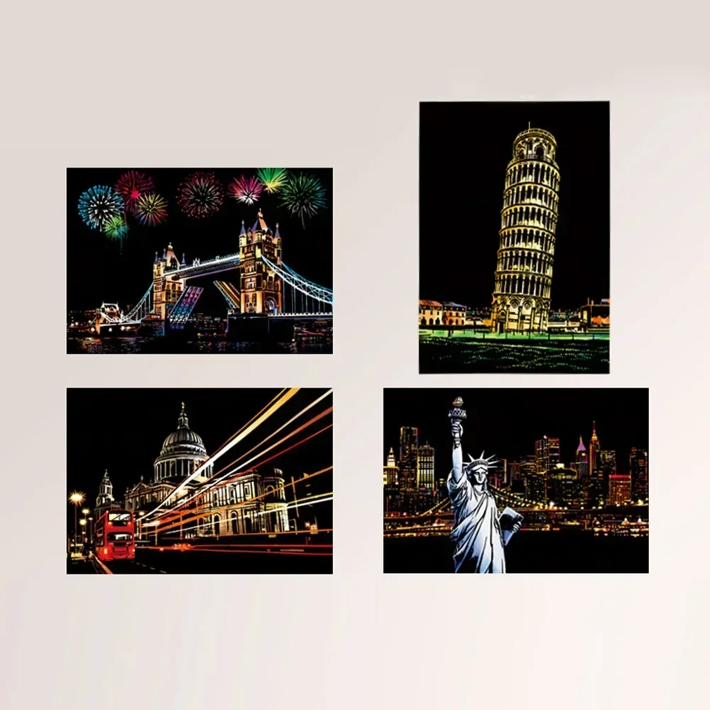 Kids Scratch Painting Toys 4Pcs Children DIY Night Scene Art Scratch Painting Toys City Building Landscape Kids Educational Toys Birthday Gift Room Decor kids scratch painting toys