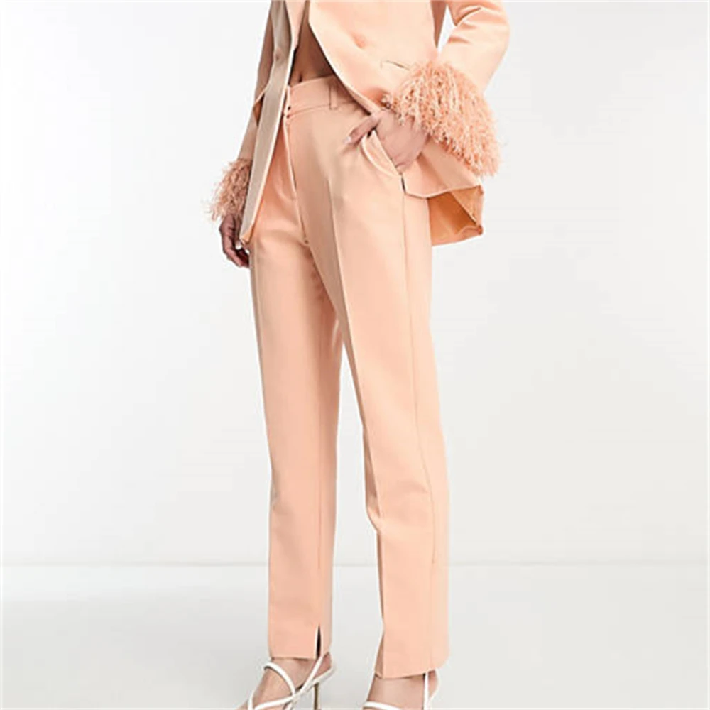 Feather Detail Women 2-Piece Suit Set One Button Chic Slim Fit Girl Tuxedo Set Pantsuit Jacket Trousers Set