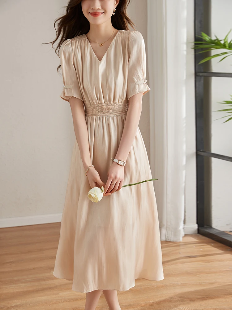 

Summer New Midi Dresses V-neck Short Sleeves High Waist Solid A-line Satin Female Clothes Elegant Party Dresses for Women 2023