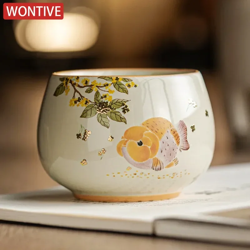 Golden Guifu Carp Teacup Travel Personal Meditation Cup Handmade Ceramic Tea Bowl Pu'er Master Cup Household Tea Set Accessories