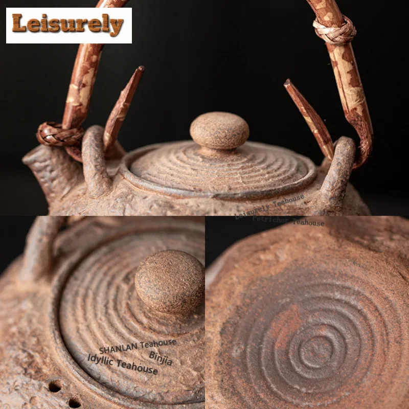 Coarse Pottery Old Rock Clay Lifting Handle Teapot Luxury Tea Infuser Pot Tea Brewing Kettle With Strainer Tea Items Ornaments