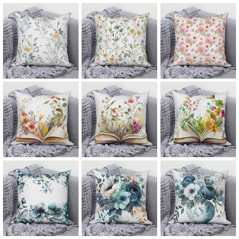

Boho Floral Pillowcover Spring Flower Sofa Cushion Cover 45x45cm Square Throw Pillow Case Modern Linen Home Living Room Decor