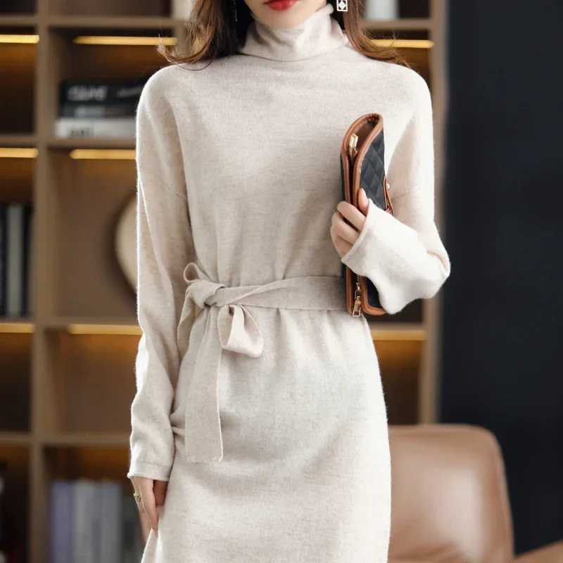 

Tailor Sheep 100% Wool Ladies Dress Solid Color Long-sleeved Knitted Fashion Slim Long High-neck Cashmere Dress Sweater