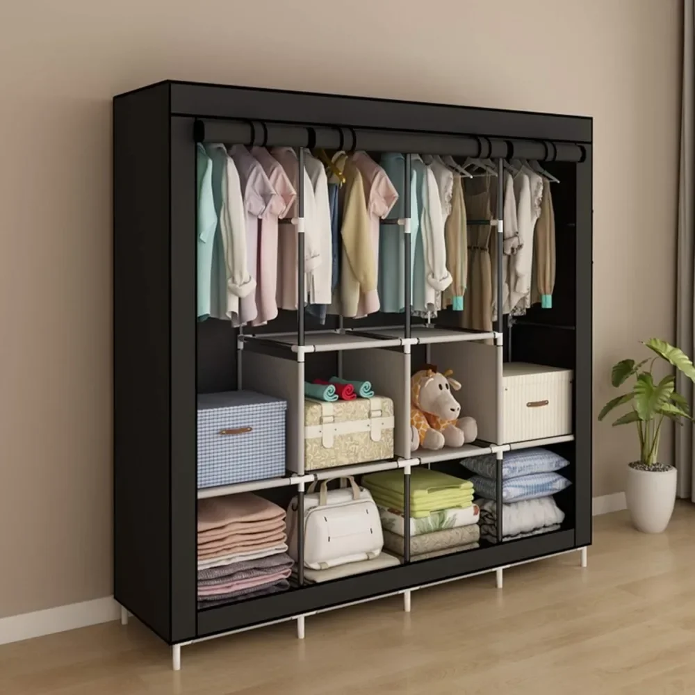 

Portable Wardrobe Clothing Wardrobe Shelves Clothes Storage Organiser with 4 Hanging Rail,Black Closet
