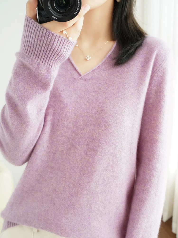 

Autumn Winter New Solid Color Knitwear Long Sleeve Reverse Needle V-Neck Woolen Sweater Pullover Bottom Fashionable Loose Short