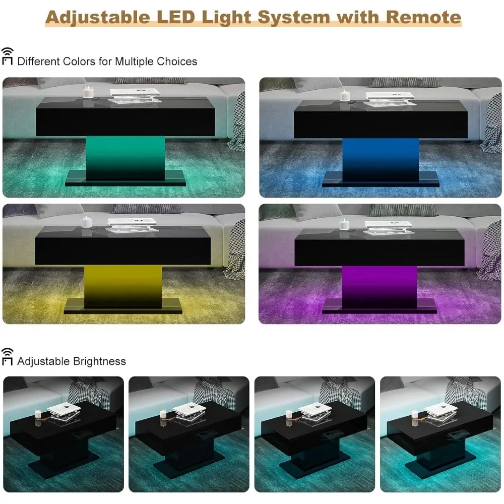 Led Coffee Table for Living Room, Living Room Table Rectangular Center Table, Modern High Glossy Wooden Coffee Tables