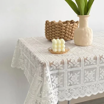 Nappe carrée Beige en dentelle ajourée, linge de table rétro européen brodé, décoration de jardin pour fête de mariage, maison 1