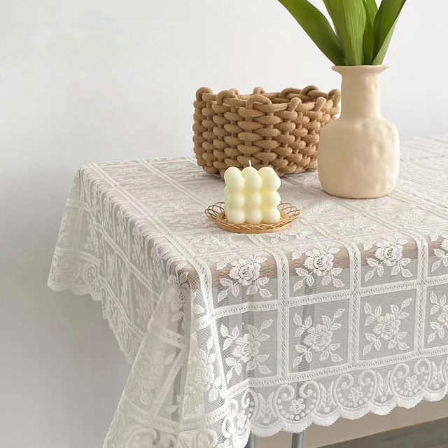 Nappe carrée Beige en dentelle ajourée, linge de table rétro européen brodé, décoration de jardin pour fête de mariage, maison 1
