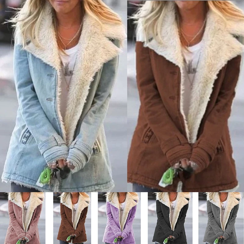 

Plus size fashionable women's warm jacket with long sleeved pockets and lapel collar loose plush faux fur solid color jacket