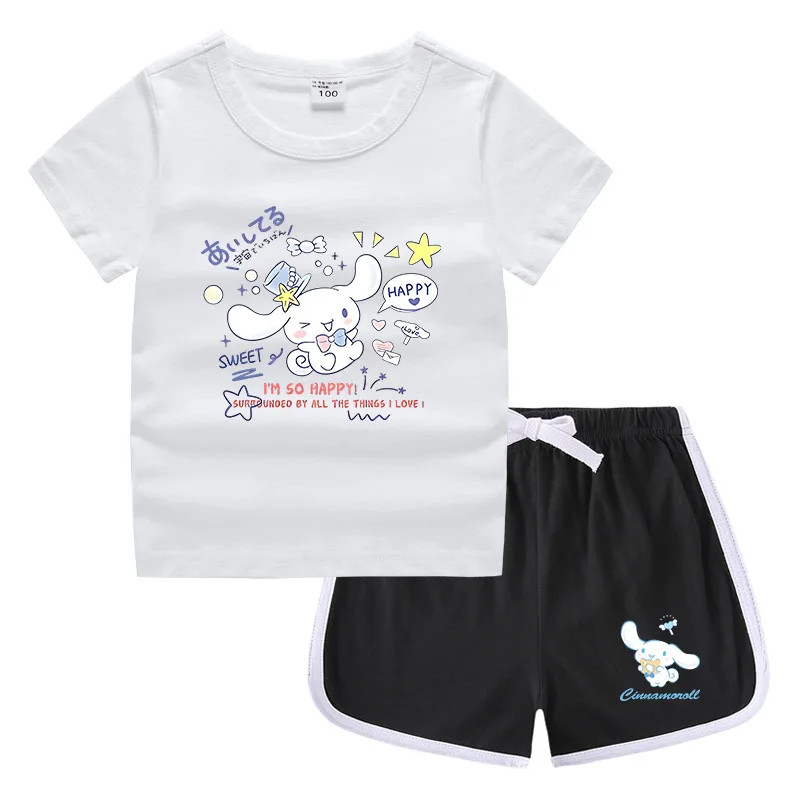 

Sanrio Cinnamon Dog 2023 Korean Summer Clothing Children's Round Neck T-Shirt Hot Pants Casual Bottoming Shirt Set