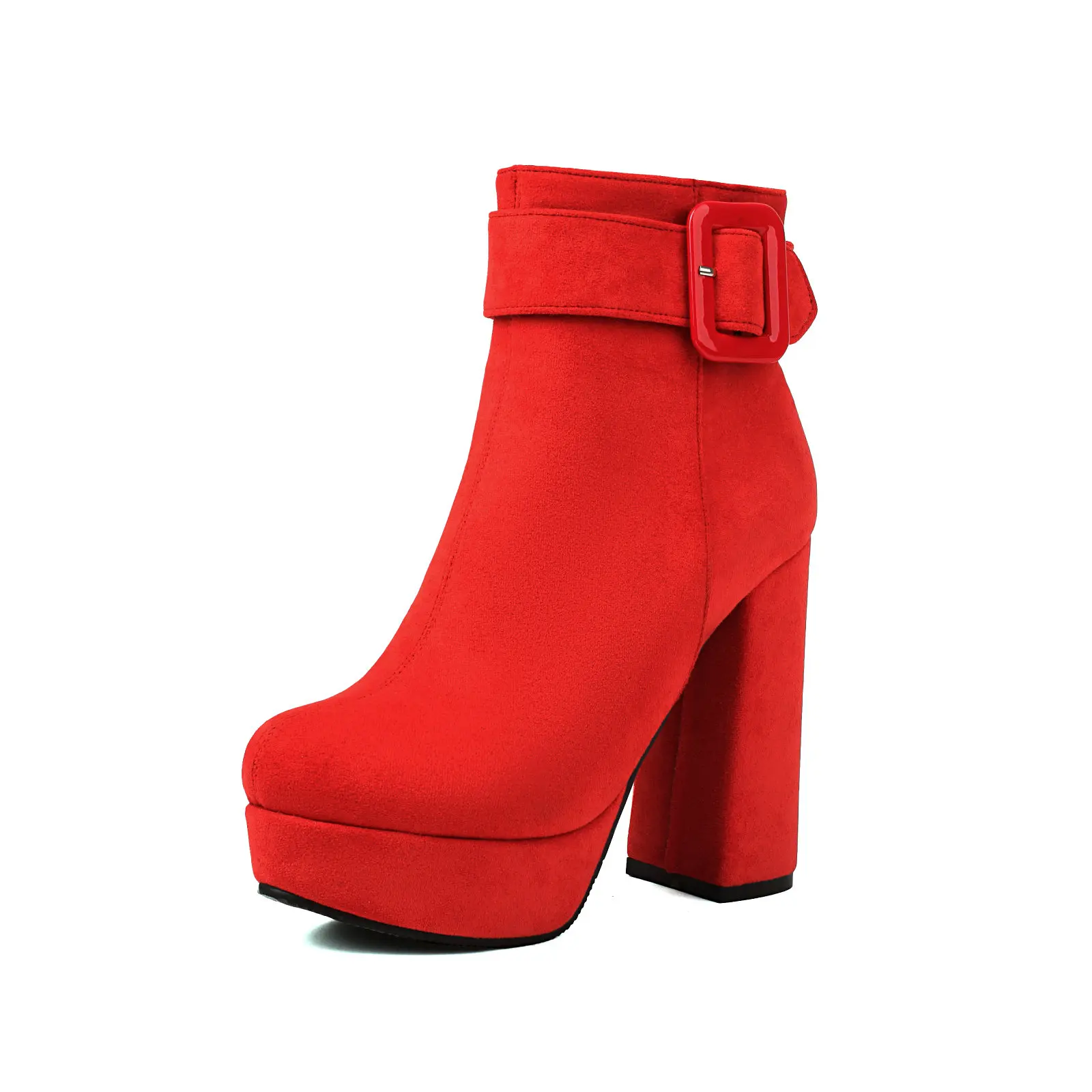 Women's Ankle Boots Red Black Flock Platform Shoes 2024 Autumn Winter Comfy Concise Block High Heels Footwear