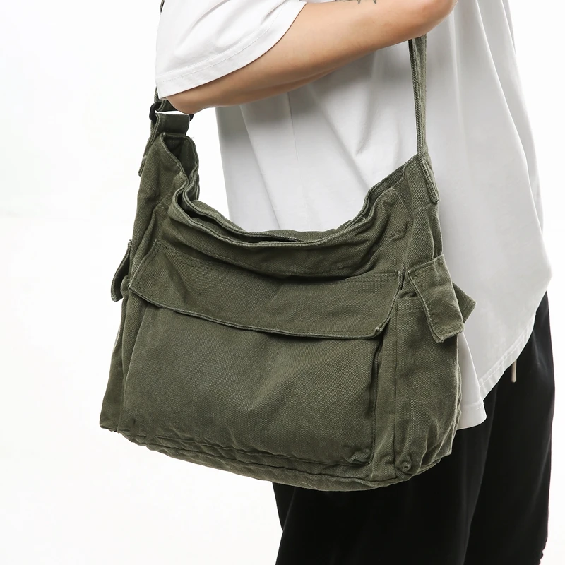Washed Canvas Shoulder Bags Large Capacity Cotton Biker Bags