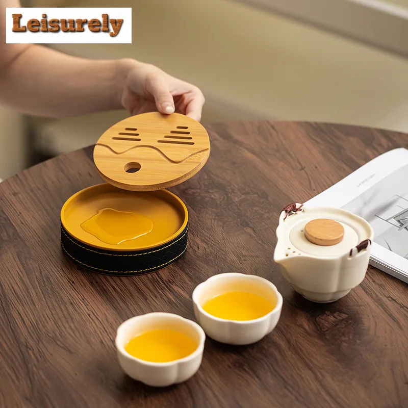 Cream Style Travel Tea Set Kit Handmade Set Of Cups 1 Pot 2 Cups Tea Making Organizer Portable Camping Handbag Accessories Craft