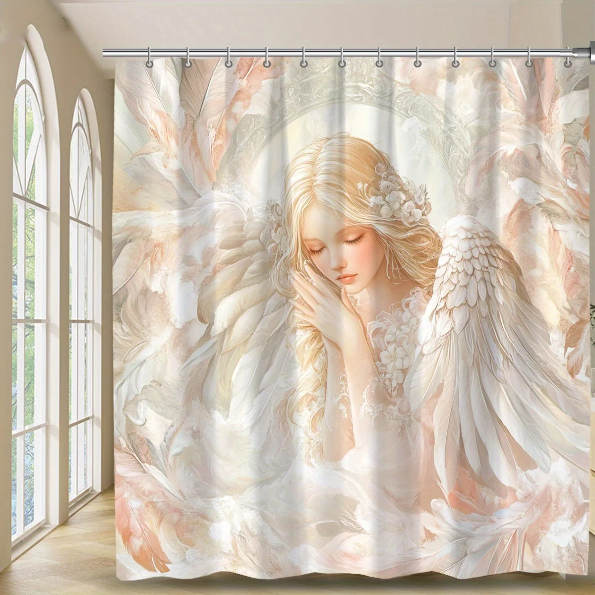 ม่านอาบน้ําพิมพ์ดิจิตอลเทวดาที่สวยงามสวยงามพร้อมตะขอ ซักด้วยเครื่องได้ เหมาะสําหรับผ้าม่านตกแต่งห้องน้ํา 1