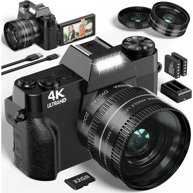 4K Digital Camera for Photography 16X Digital Zoom Vlogging Camera for YouTube 64MP WiFi Auto Focus Video Camera 3" Flip Screen