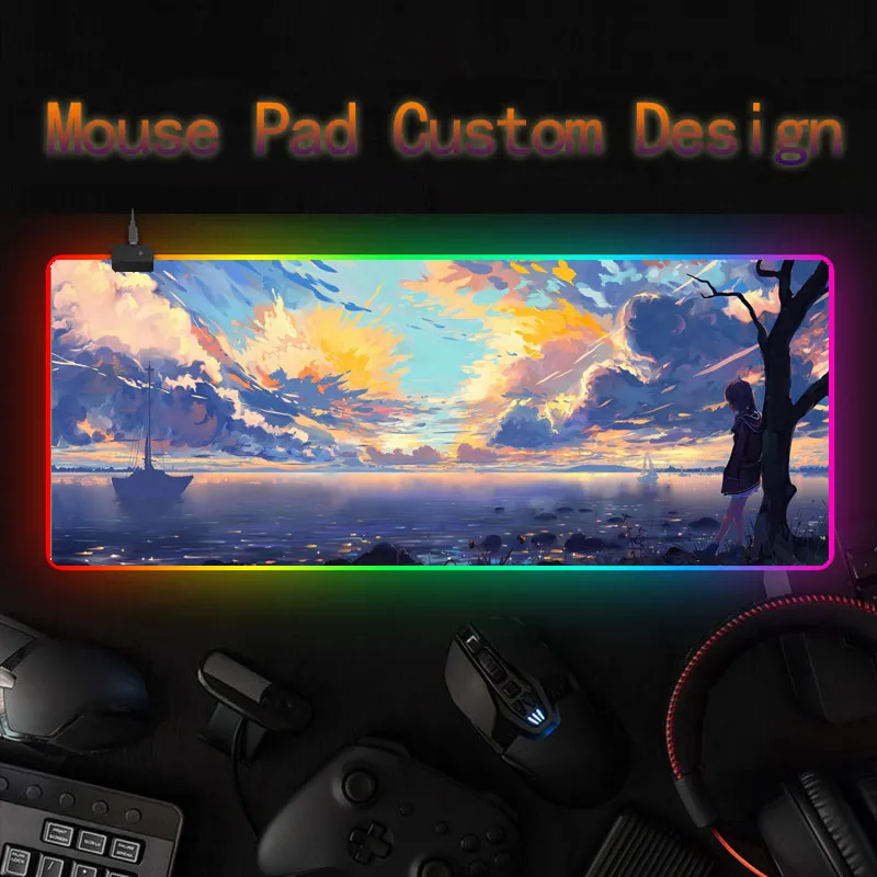 

Коврик для мыши с рисунком из аниме, RGB светящийся Ландшафтный Настольный коврик для мыши, индивидуальный Настольный коврик «сделай сам»