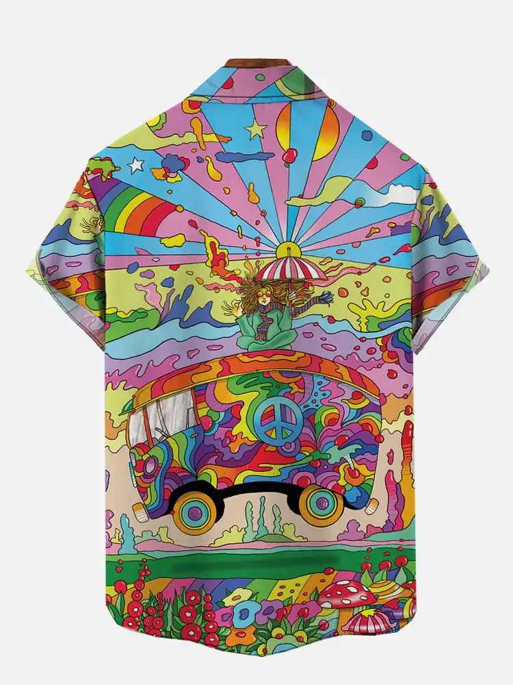 European American retro printed Men Casual Shirt Summer beach vacation shirt Men Lapel button men casual shirt
