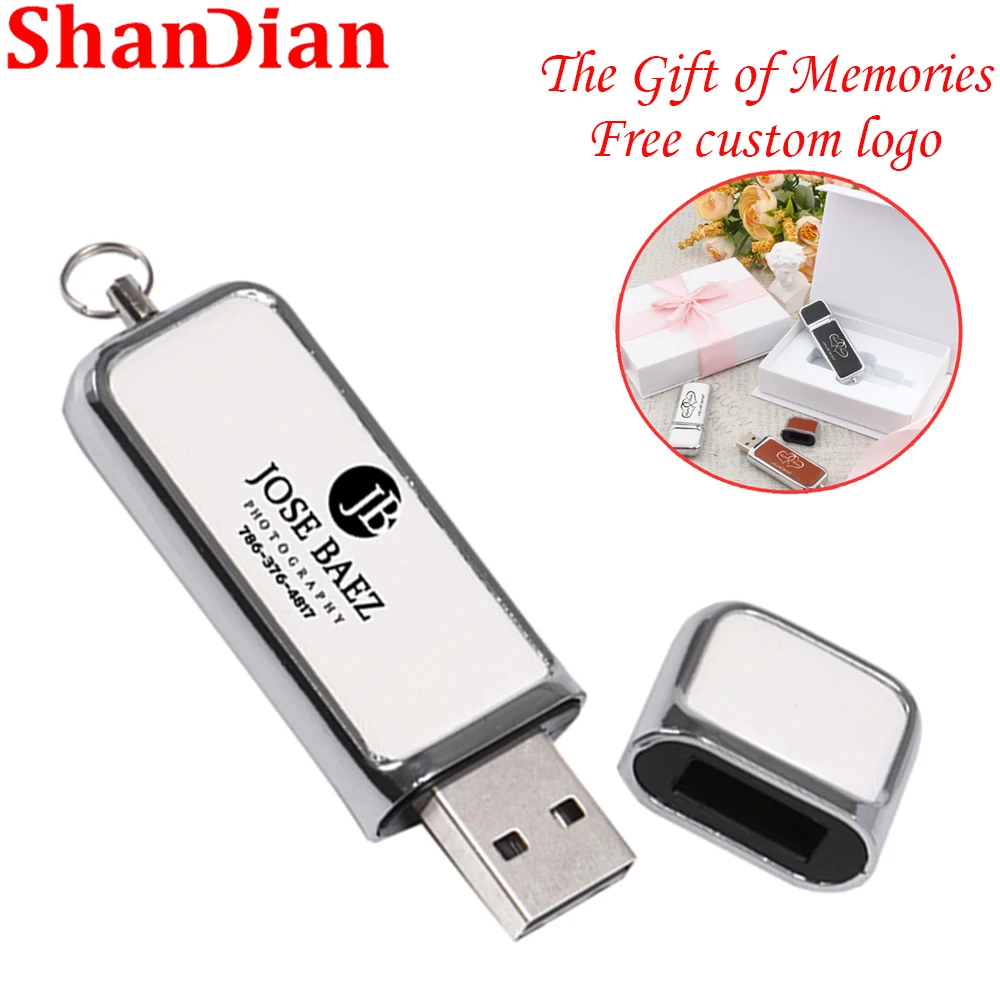 

SHANDIAN White Leather USB Flash Drives 128GB Free GIFT LOGO Wedding Pen Drive 64GB Fashion Memory Stick 32GB Gift Box Pendrive