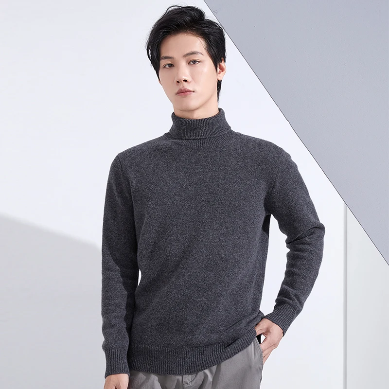 100%  Wool Sweater Men's Turtleneck Pullover Autumn and Winter New Casual Knitted Thick Cashmere Sweater Solid Color