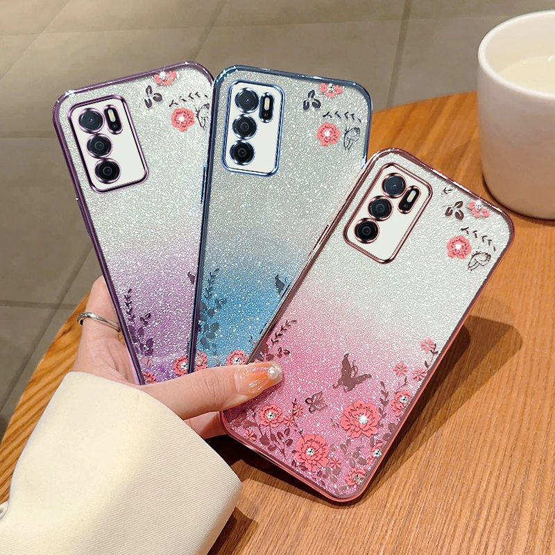 Glitter Butterfly Flower Phone Case For OPPO A16 A15 A15S A52 A53 A55 A74 A93 A94 A95 F19 F17Pro Reno7 10 Gradient Cover_voghion.com
