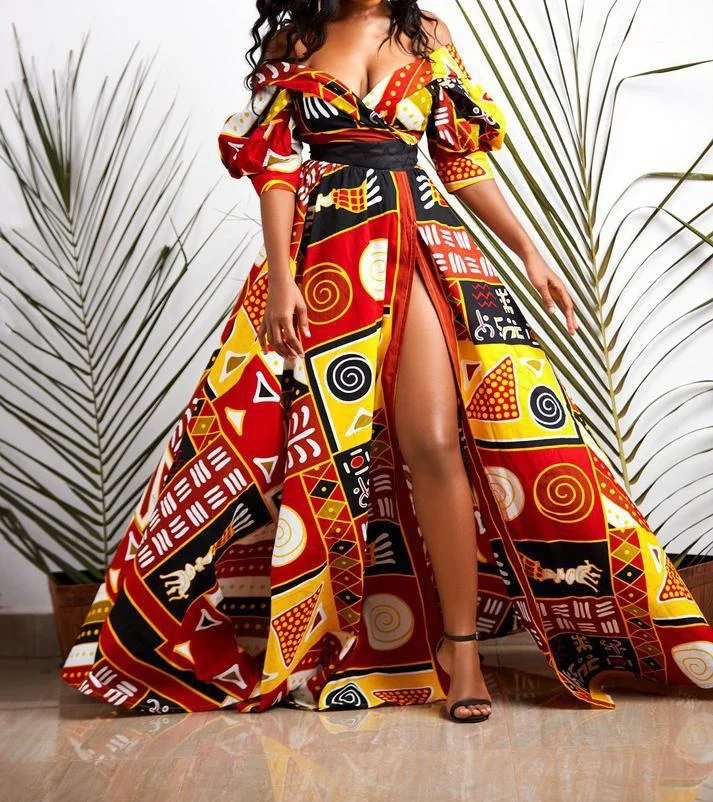 

Elegant Women's Dress Printed Short Sleeve High Split Large V-neck Open Back High Waist Famous Ethnic African Female Maxi Dress