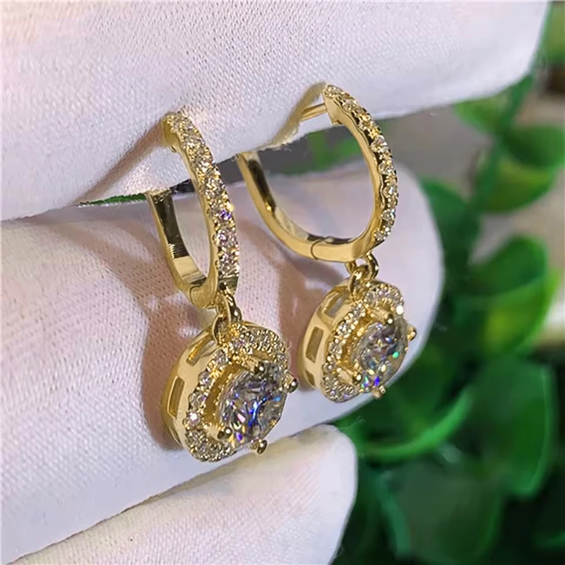 Rrjzz 1CT Rundschliff D VVS1 Moissanit Ohrhänger GRA Zertifiziert 14k Vergoldete Tropfen-Halo-Huggie-Creolen für Damen Schmuck – Detail 4