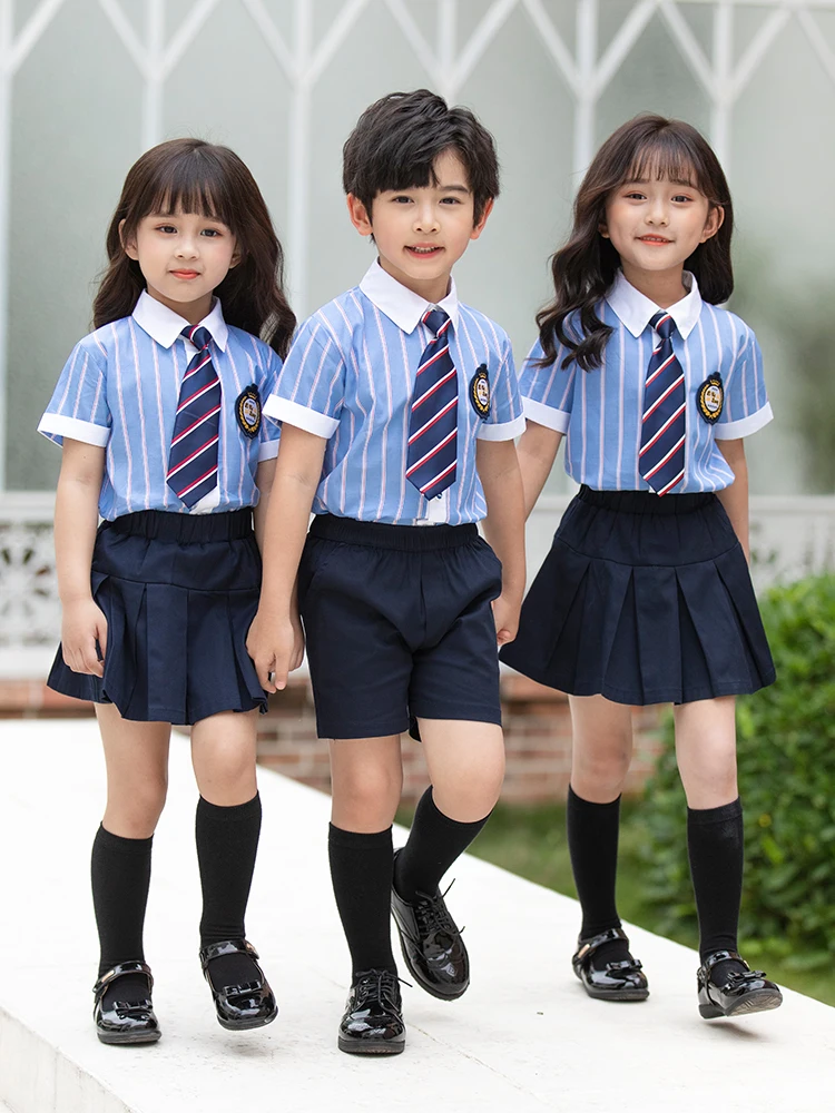 Summer Children School Uniforms Boy Girl Pleated Skirts British Japanese Kindergarten small Students Clothes Sets shirt Korea