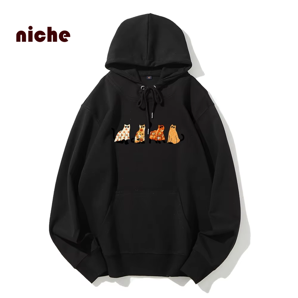 Halloween Style Hooded Sweater Ghost Kitten Print Pure Cotton High Quality Loose Shoulder Designer Trendy New Hoodie Sweatshirt