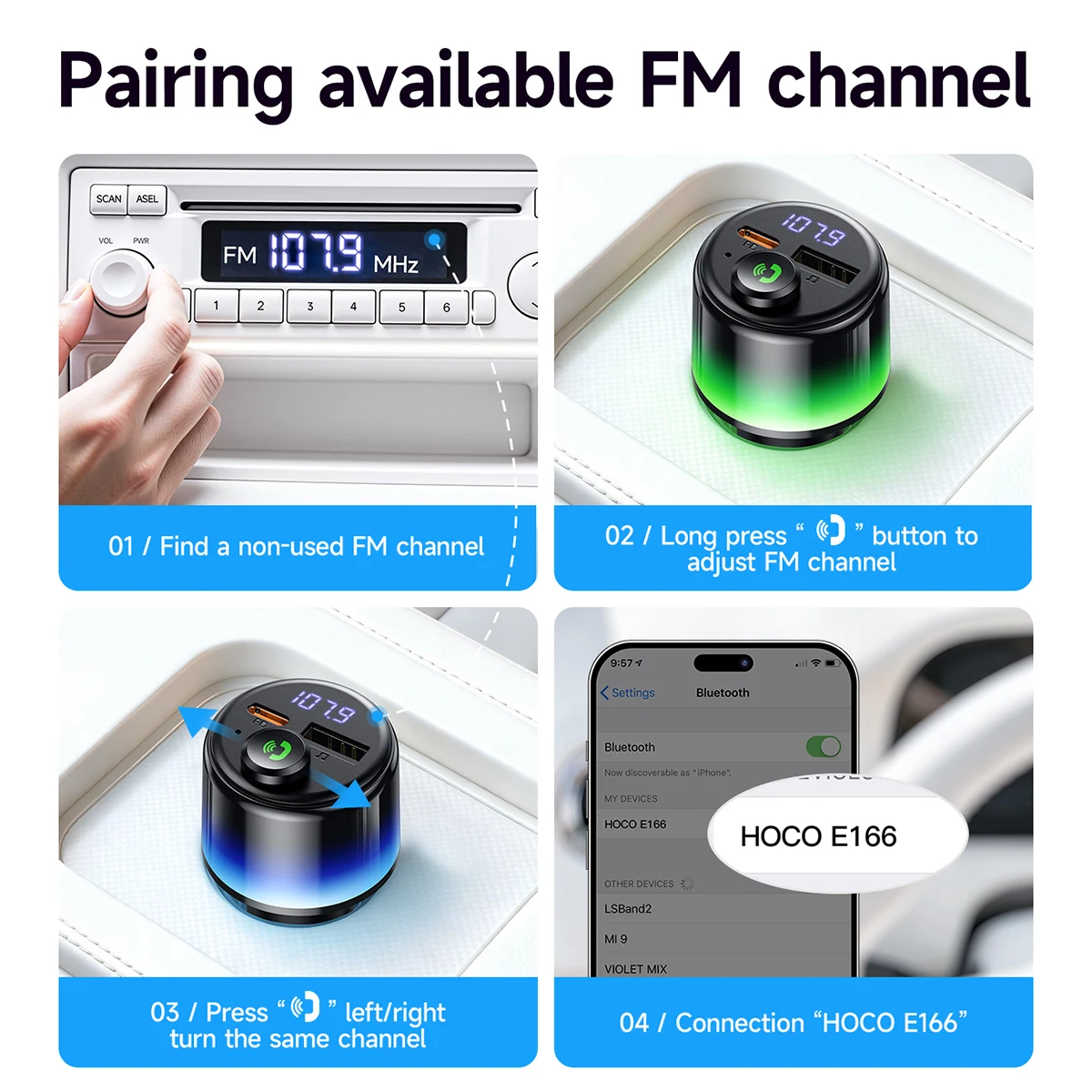 HOCO PD30W QC3.0 차량용 블루투스 6.0 FM 트랜스미터 핸즈프리 MP3 플레이어 음악 360도 다채로운 무드등 시거잭
