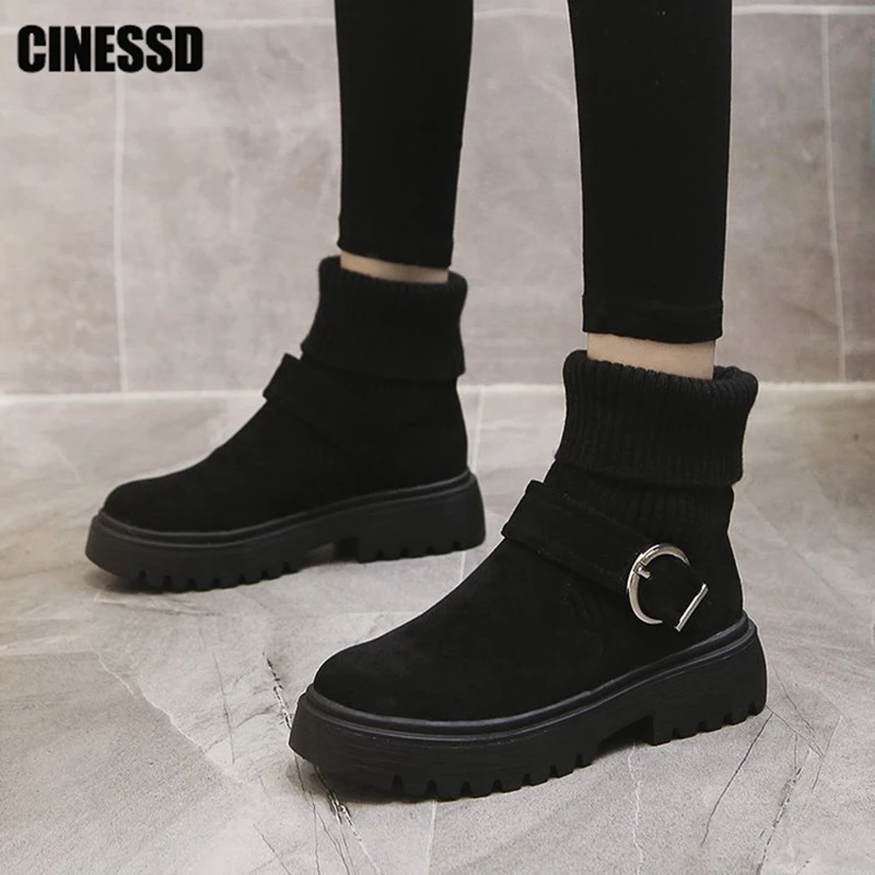 

Belt Buckle Ankle Boots Women 2023 New Platform Female Patchwork Knitted Flats Non Slip Ladies Shoes Motorcycle Short Boot Solid