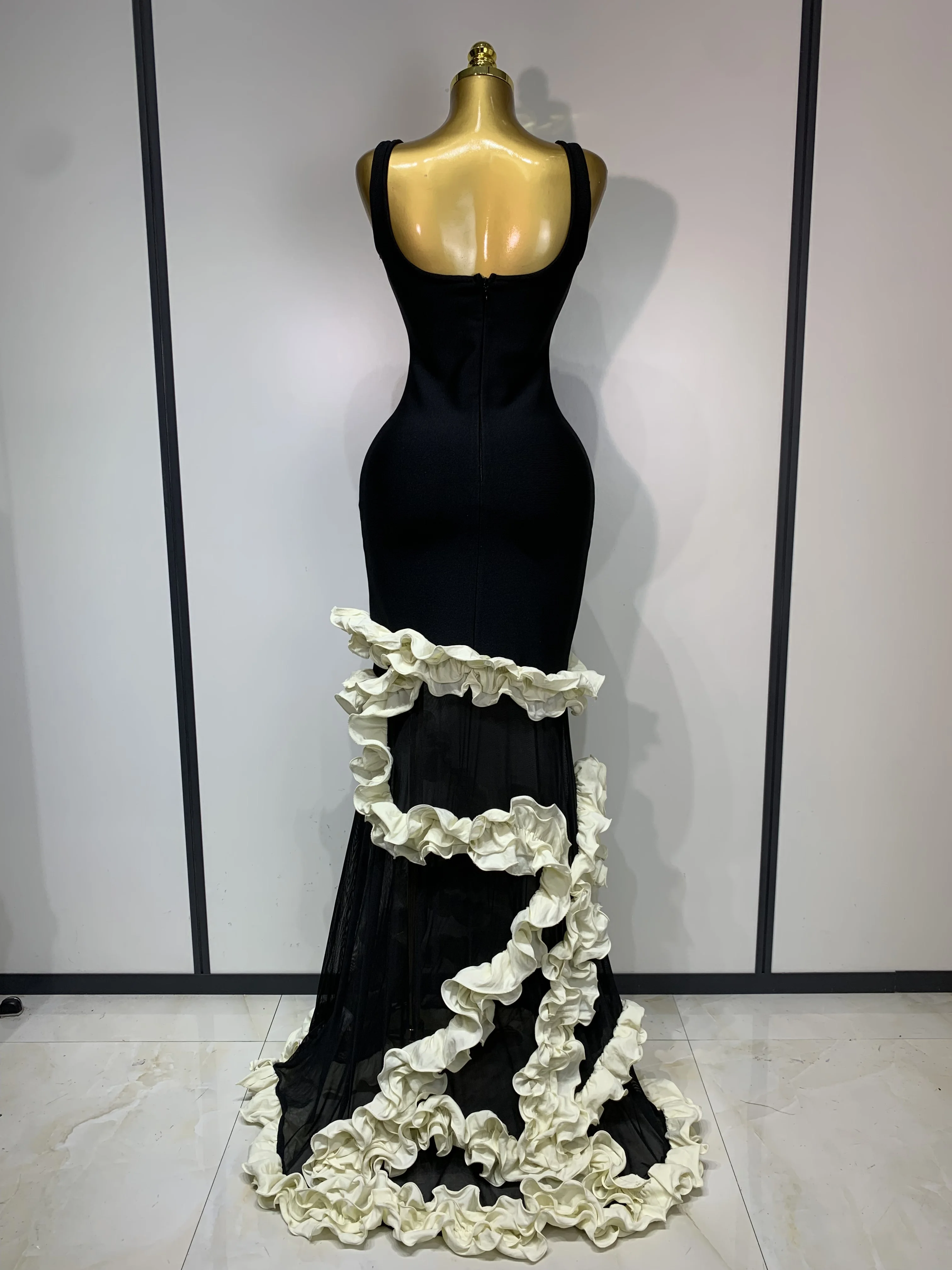 Women Black Sleeveless Ruffles Patchwork Maxi Bandage Dress 2025 Celebrity  Elegant Evening Party Gowns Fashion Show Outfit - AliExpress 200000345
