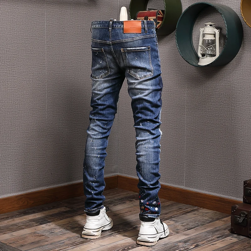 High Street Fashion Men Jeans Retro Blue Elastic Stretch Slim Fit Ripped Jeans Men Embroidery Designer Hip Hop Brand Pants Homme