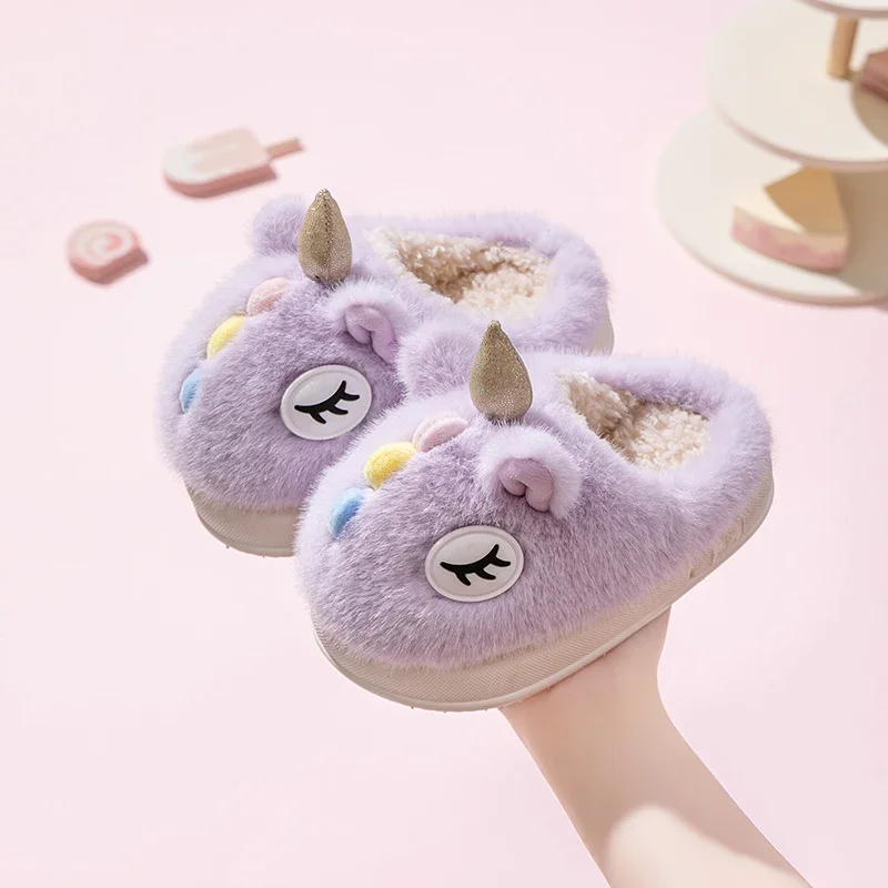 Kids Winter Cartoon Unicorn House Slippers Children Home Indoor Anti-slip Shoes Cozy Warm Outdoor Footwear for Boys Girls 3