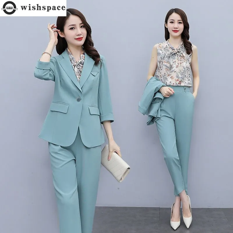 2023 Spring New Korean Popular Blazer Jacket Retro Printing Bowknot Tank Top Casual Pants Three Piece Elegant Women's Pants Suit
